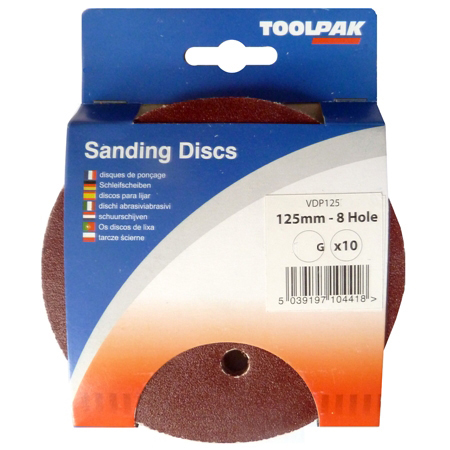 Sanding Disc 125mm 40 Grit 8 Hole Pack of 10 Toolpak 